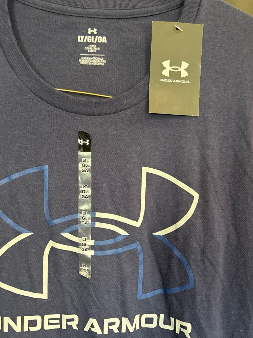 Under Armour Navy Blue Short Sleeve Logo Tee with White and Blue Graphic